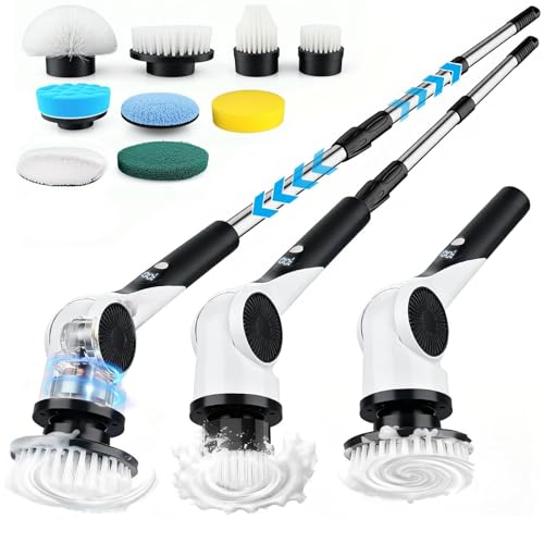Electric Spin Scrubber 3-Speed Cordless Shower Scrubber with Long Handle & 10 Replaceable Brush Heads 90 Mins Runtime & Full-Body IPX7 Waterproof Shower Cleaner Brush for Bathroom Kithchen