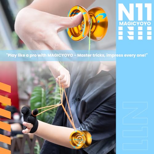 Image of MAGICYOYO N11 Professional Unresponsive Alloy Yoyo Dual Purpose Trick Yo Yo with Responsive Bearing Kit + Bag + Glove +12 Strings - Golden Blue