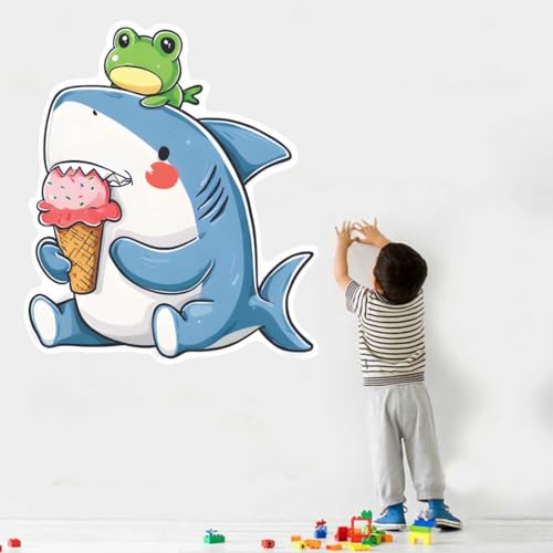 Image of Cute Shark with Ice Cream Wall Sticker | Cartoon Sea Animal Self Adhesive Wall Decal for Ki-ds Room, Nursery, Bedroom & Playroom Decoration