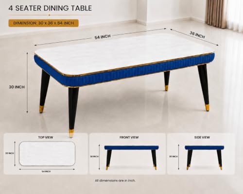 Image of WOODEN SPACE Majestic 4 Seater Wooden Dining Table Set | Urban Marble Top Dining Table with Chairs for Dining Room & Kitchen (Modern Classic Printed Navy Blue) (54 x 36 x 30 inch)