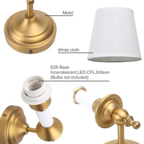 Image of PERMO Wall Sconces Set of 2 Antique Classic Sconce with Funnel White Textile Shade Hardwired Wall Mounted Light for Hallway Bedroom Living Room