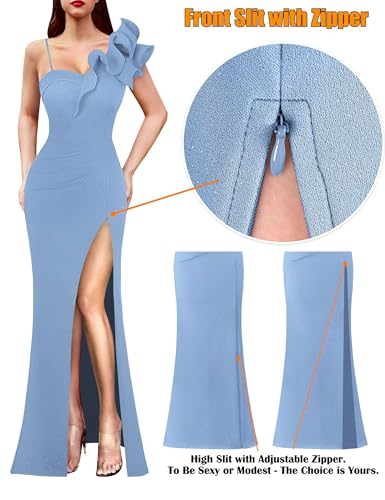 Image of VFSHOW Womens Ruffle One Shoulder Strap Ruched Formal Prom Wedding Maxi Dress V Neck Elegant Split Cocktail Evening Long Gown