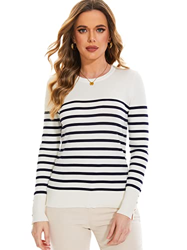Image of Sweaters for Women Striped Crew Neck Pullover Sweater Lightweight Long Sleeve Fall Knit Tops
