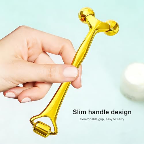 VISDOLL 3D Premium Metal Cooling Face Roller Massager Reduce Puffiness Gold — view 3