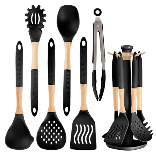 Gaixvny Kitchen Utensils Set - 7 PCS Non-Stick Silicone Cooking Utensils Set with Wooden Handle,Kitchen Gadgets Tools Set for Nonstick Cookware (Black-7Max)