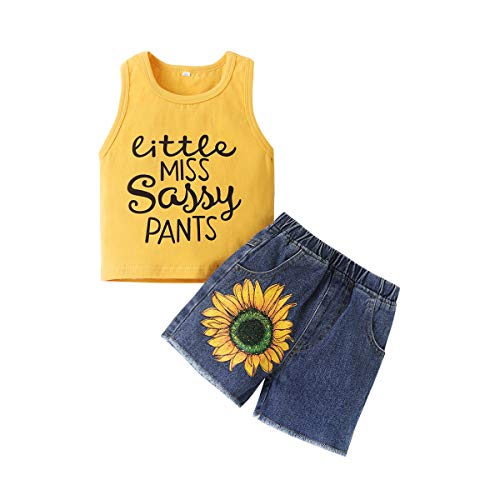 Toddler Infant Baby Girls Summer Outfits (1-6T) Print Short Sleeve T-Shirt Tops + Jeans Pants Clothes Sets Yellow