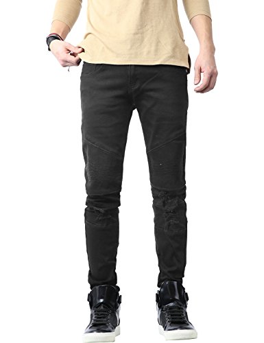 Hat and Beyond Mens Casual Jean Zipper Distressed Ripped Denim Biker Slim Fit Stretch Pant