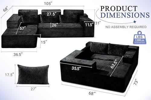 Image of HABUTWAY 105 inch L-Shape Modular Sectional Sofa Couch for Living Room,No Assembly Required,Modular Comfy Sofa with Deep Seat for Living Room Bedroom,Luxury Distressed Velvet(Left,Black)