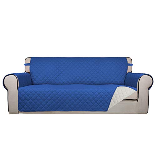 Image of PureFit Reversible Quilted Sofa Cover, Water Resistant Slipcover Furniture Protector, Washable Couch Cover with Non Slip Foam and Elastic Straps for Kids, Pets (X Large, Classic Blue /Ivory)