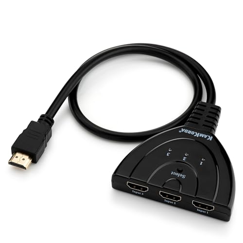 HDMI Switcher 3-Port Hub | 4K HDMI Splitter Switch 3 In 1 Out with Gold-Plated Connectors | Supports Full HD 1080P 3D Dolby DTS Audio | No Power Adapter Needed