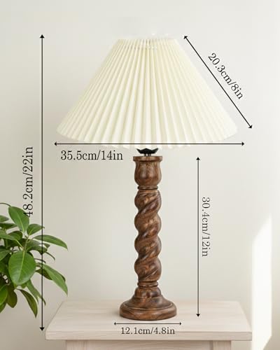 Image of Homesake Classic Twister Wooden Table Lamp with Shade | Handcrafted Bedside Lamp, E27 Holder| Bulb Included |Warm Light Night Lamp, Bedroom, Living Room, Study & Home Decor, (Pleated Off-White)