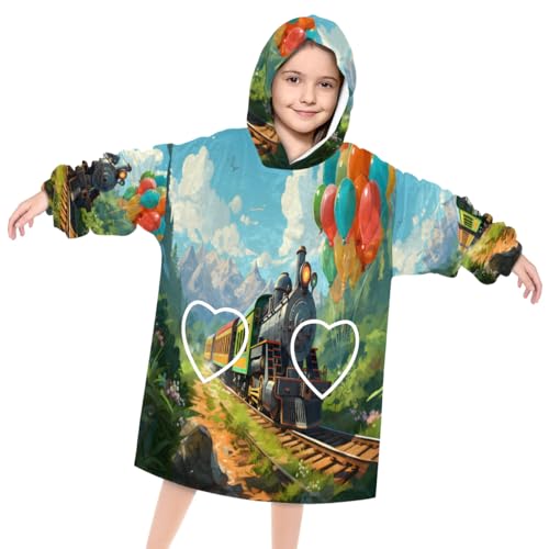 Kids Blanket Hoodie Train Balloon Wearable Blanket Hoodie Oversized Hooded Blanket, Sweatshirt Blanket with Pockets Soft Warm Kids Hooded Blanket for Girls, Boys