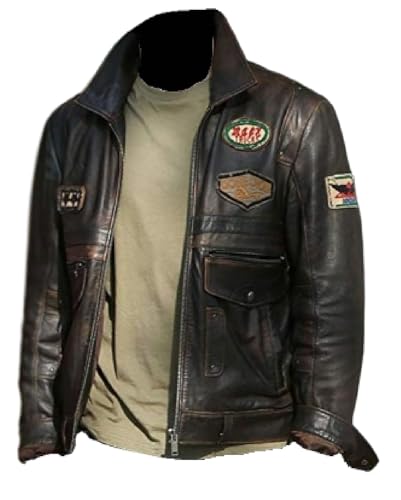 ZM ATTIRE Blouson aviateur vintage en cuir pour homme style aviateur classique marron vieilli, Veste marron en cuir véritable, L