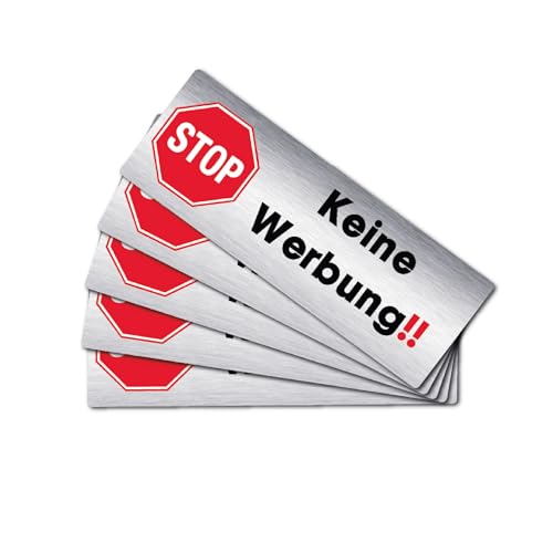 STOP – Keine Werbung Aufkleber | 5 Stück | UV-geschützt & Wetterfest | Edelstahl-Optik | Für Briefkasten, Tür, Klingel (Edelstahl-optik, Einfach U. Klar)