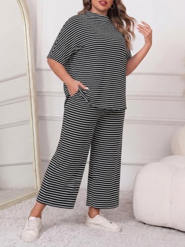 Image of Women's Plus Size 2 Piece Outfits Batwing Sleeve Top Wide Leg Lounge Set | Crew neck top, Cozy 2 piece lounge set, Casual