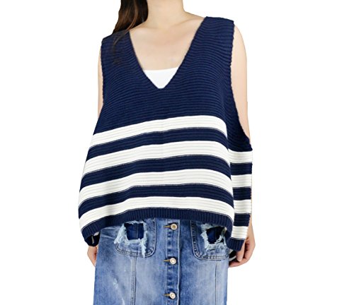YSJERA Women's Deep V-Neck Sweater Vest Basic Striped Pullover Loose A-Line Knit Vests Top Navy Blue