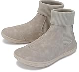 WHITIN Women's Wide Barefoot Chelsea Boots Minimalist Ankle Calf Cowboy Cowgirl Bootie Zero Drop Size 7 Leather Flat Socks Country Elastic Ladies Shoes Beige 39