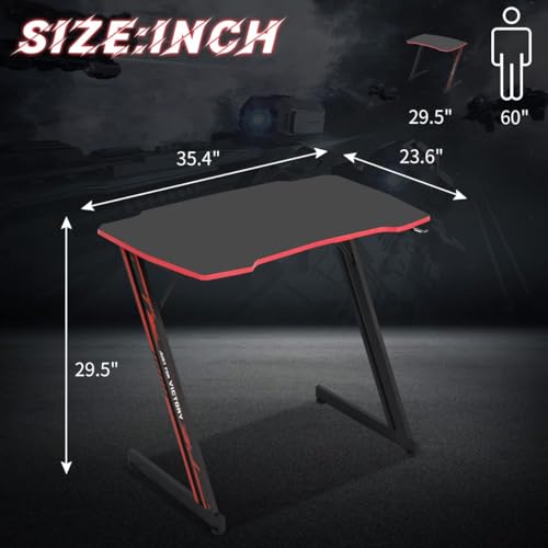 Image of Gmaing Desk 35.4in PC Computer Desk, Blue Ergonomic Gaming Table Z Shaped Gaming Workstation with Headphone Hook for Home Office