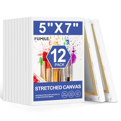 FUMILE 5x7 Canvas for Painting, 12 Pack Stretched Small Canvases for Painting-5/8 in Profile Primed White Blank Painting Canvas Value Pack for Oil & Acrylic Paint