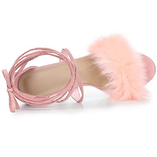 Allegra K Allegra K Women's Faux Fur Stiletto Heel Pink Lace Up Heels Sandals 7 M US