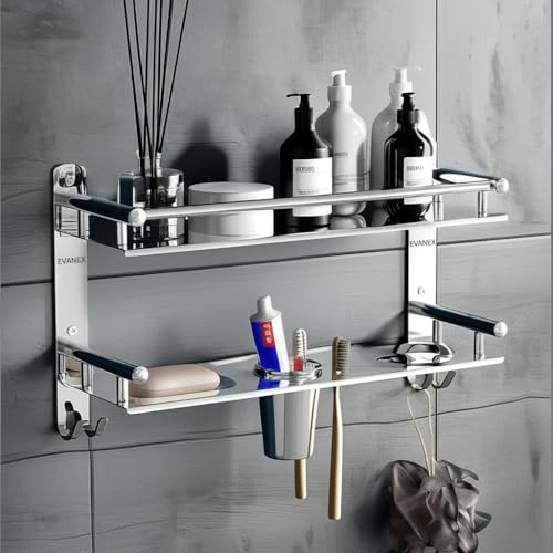 Image of EVANEX Steel Double Layer Bathroom Shelf | 304 Grade Stainless Steel Wall Mount Bathroom Organizer | Rust Proof Bathroom Rack | 5 in 1 Storage Shelf for Toiletries | Bathroom Accessories Set