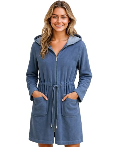 Morgenstern Bademantel Damen dünn Reißverschluss und Kapuze Blau Saunamntel M Baumwolle Frauen weich frottee zipp kurz leicht