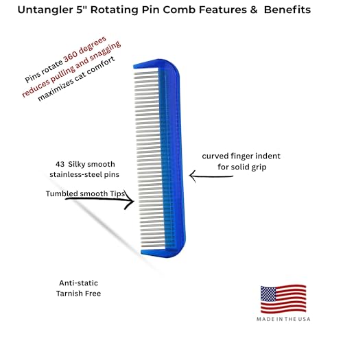 Image of Cat Comb with Silky Smooth Rotating Teeth - Clears Mats Gently (5 inch Ultra Fine, 7 inch Dual-Spaced) (Blue, 5 inch Ultra Fine)