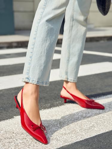 Image of Coutgo Womens Slingback Kitten Low Heels Dress Shoes Closed Pointed Toe Bow Tie Slip on Office Work Pumps