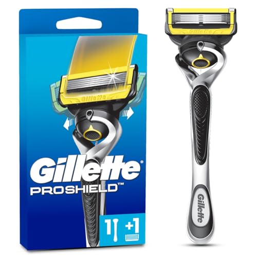 GILLETTE Proshield, Rastrillo para Afeitar Reutilizable, 1 Mango + 1 Cartucho con 5 Hojas para Rasurar la Barba Más al Ras, Rastrillo para Hombre