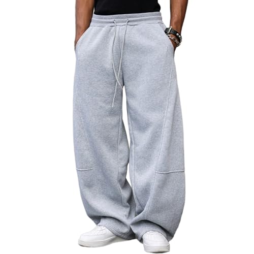 Asamqu Men's Baggy Sweatpants Wide Leg Drawstring Sweat Pants Casual Streetwear Joggers with Pockets Lightgrey