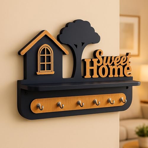 Image of Premium Key Holder with 7 Key Hanger Hooks | Self Adhesive 3D Designed Key Holder with Sweet Home Carvings and Decorative Shelf with Stainless Steel Hooks and Double Side Tape