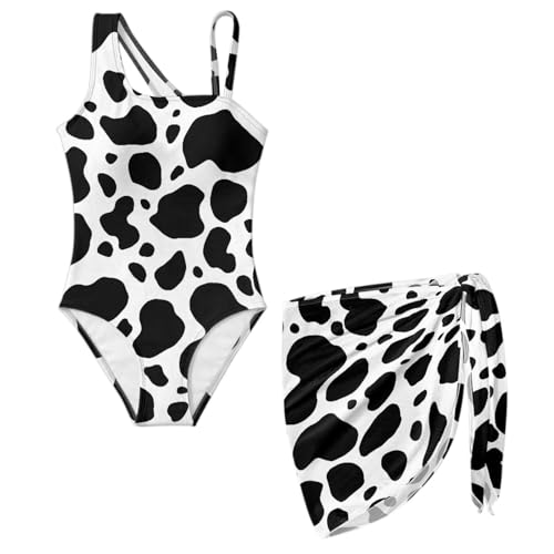 Ystardream Black White Cow Print Girls Bathing Suit Size 14-16 One Piece Swimsuit for Girls One Shoulder Sleeveless Swimsuits with Coverup Skirt Fashion 2Pcs Stratchy Sport Halter Beach Tween Swimwear