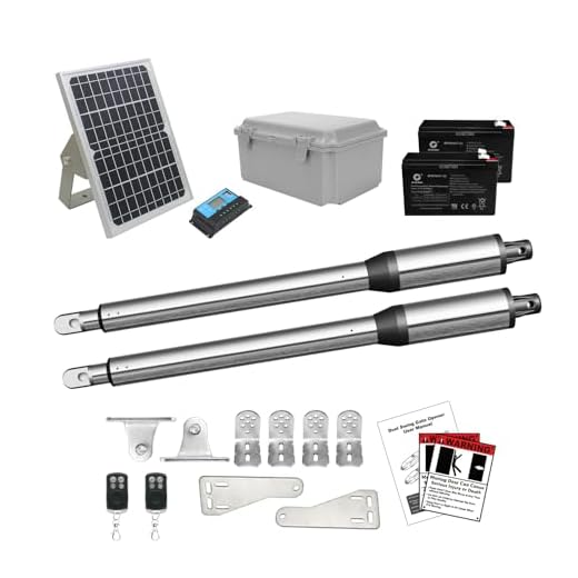 JUJIANG C01 Solar Gate Opener with Batteries & Solar Panel for Dual Swing Gates Up to 440lb 12FT per Arm Automatic Gate Opener with Remote Complete Kit Light Duty Automatic Gate Openers Solar Powered