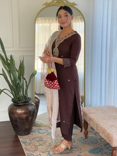 Image of Naixa Women's Rayon Slub Embroidered Straight Kurta with Pant and Dupatta Sets (Available in Plus Size) (NX-675)