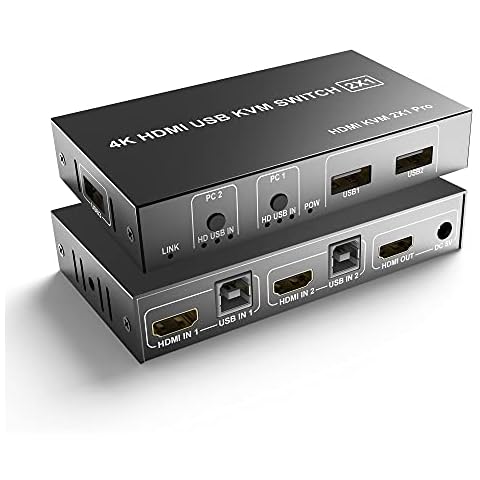 HDMI KVM Switch 2 Port USB, 4K @30Hz USB Switcher Box 2 Computers 1 Monitor 1 Keyboard Mouse, with Power Cable, Button Extension Cable and 2 USB Cables, Support Printer, U-disk, Scanner etc Cover