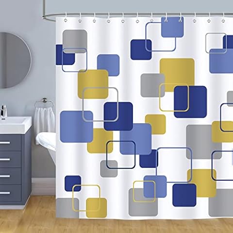 Bonhause Cortina de Ducha Cuadrados Geométrico Azul y Amarillo 180 x 180 cm Cover