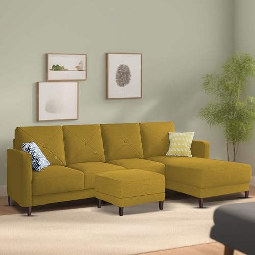 Image of Baloney RHS 6 Seater L Shape Sofa Set with Center Table for Living Room (Yellow Fabric) Premium Fabric Sofa