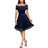 MISSMAY Women's Vintage Floral Lace Short Sleeve Boat Neck Cocktail Party Swing Dress (Large, Navy Blue)