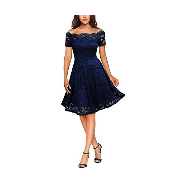 MISSMAY Women's Vintage Floral Lace Short Sleeve Boat Neck Cocktail Party Swing Dress (Large, Navy Blue)