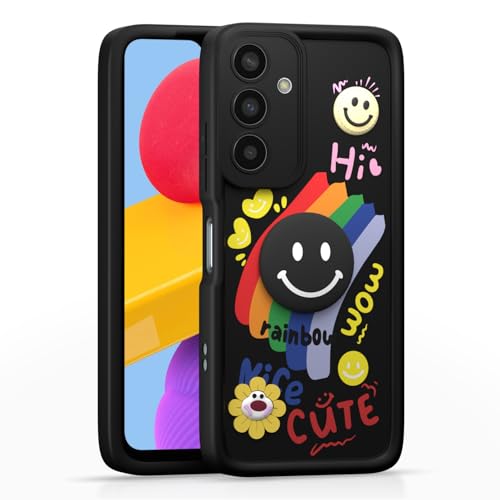 Image of Outlouders Back Cover for Samsung Galaxy M13 4G | Cute Rainbow Smile 3D Cartoon Flower | Soft Silicone Raised Camera Protection Bumper Case (Black)
