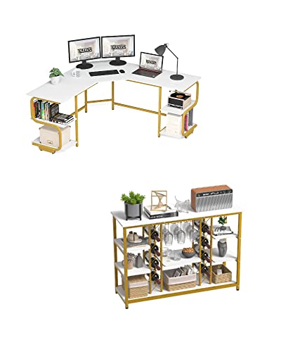 Teraves Modern L Shaped Desk With Shelves And Console Table With Wine Rack And Glass Holder(White+Gold) #TOP16
