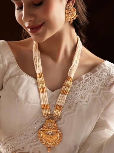 Image of Rubans Pearl Long Necklace Set Gold Plated Traditional Stylish Jewellery Gift for Women & Girls