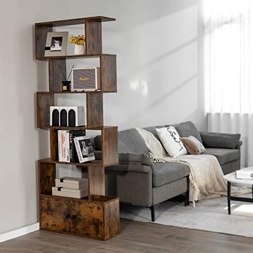 COSTWAY Wooden Bookcase, 5/6-Tier S-Shaped Storage Bookshelf with Cabinet, Freestanding Tall Display Shelf Open Rack Shelving Unit Divider for Living Room, Bedroom and Office (Rustic Brown)