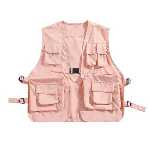 Utility Vest for Men Women, Cargo Vest, Breathable Front Buckle Casual Waistcoat Outerwear for Outdoor Sports Climbing, Pink, L