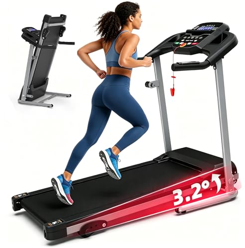 Folding Treadmill for Home, 2.5HP Quiet Brushless Motor, 3-Level Incline, 7.5 MPH Speed, Shock Absorption Running Machine with LCD Display & Transport Wheels, Compact for Small Spaces