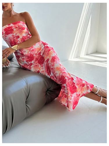 Image of GORGLITTER Women's Floral Dress Strapless Tube Open Back Bodycon Boho Summer Wedding Guest Vacation Beach Maxi Dresses