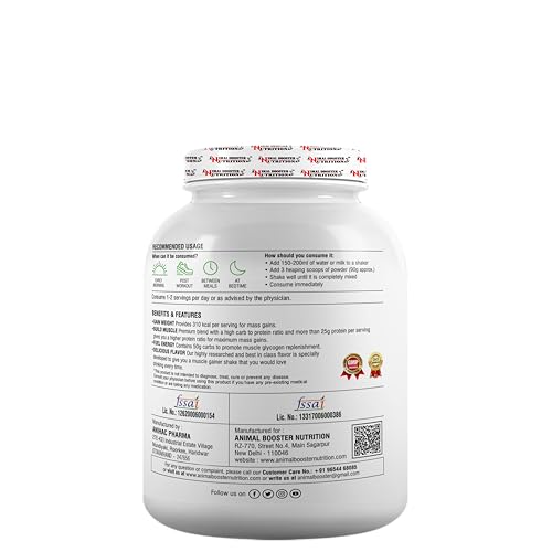 Image of Animal Booster Nutrition Maha Mass Gainer, 25 Grams of Protein in 90gm of Serving Helps in Gain Weight, Build Muscle & Fuel Energy - Kesar Pista Flavor (33 Servings /3KG)