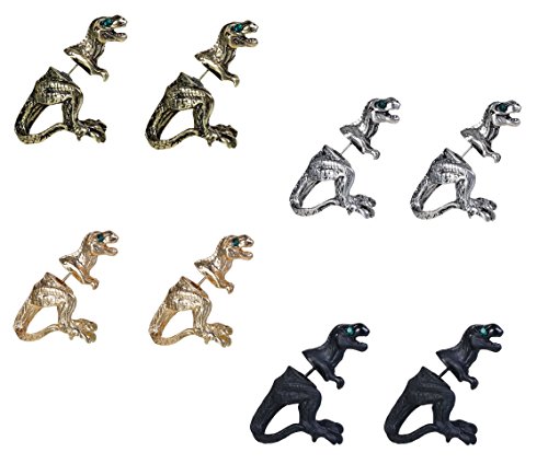 JGFinds Dinosaur 3D Earrings, T-Rex - 4 Sets, Bronze, Silver Tone, Gold Tone, Black, 1 1/2