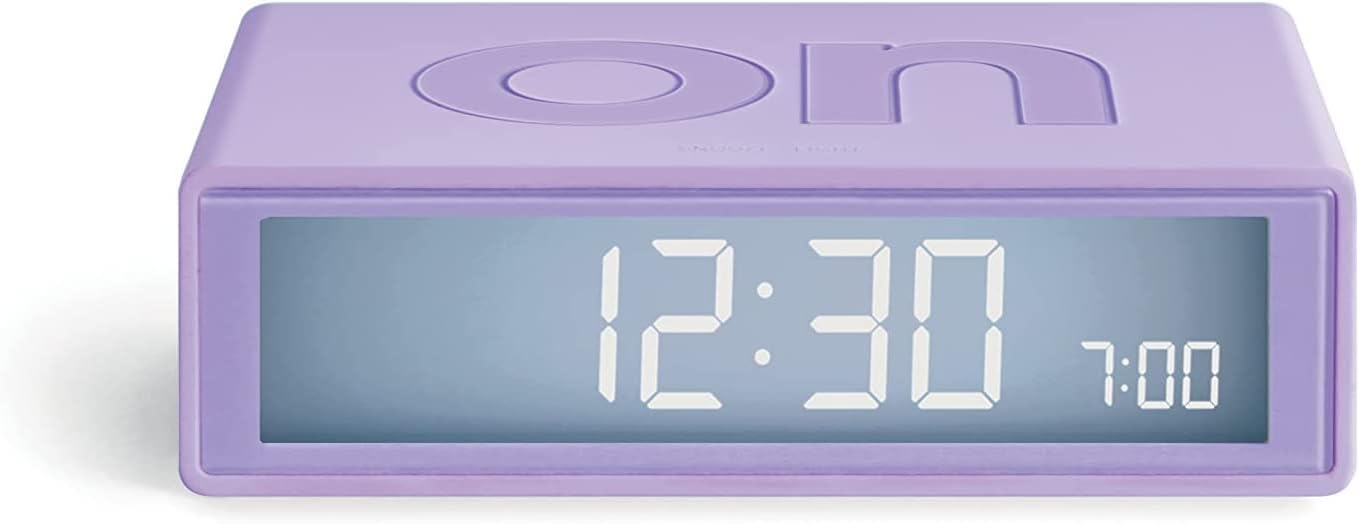 Lexon Flip+ Digital Alarm Clock for Bedrooms, Reversible On/Off Faces with Snooze function, LCD display & Touch Sensor Light, Radio Controlled & Battery Operated, Rubber - Purple