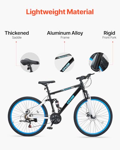 VEVOR Mountain Bike, 26 inch MTB Bicycle with Full Dual Suspension, 21 Speeds Twist Shifting, Dual Disc Brakes, Aluminum Alloy Frame, for Men/Women